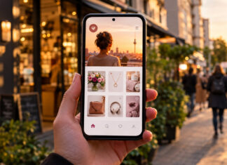 Hand hält Android-Smartphone mit Geschenkideen vor Berliner Straßenszene im Abendlicht
