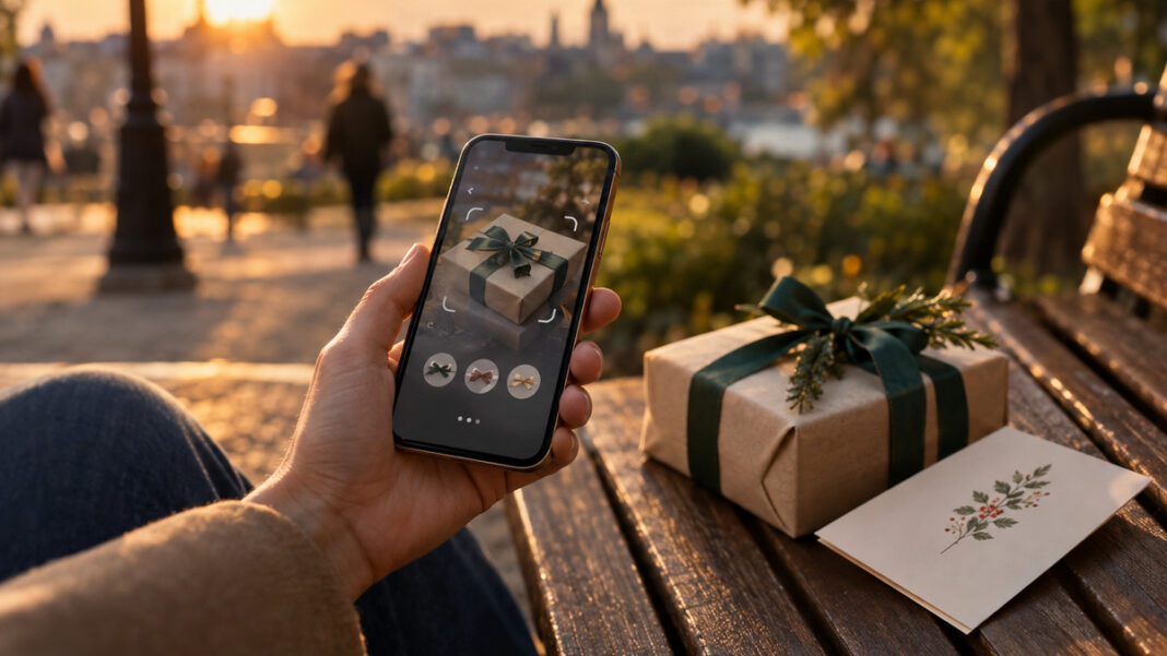 Hand hält iPhone neben verpacktem Geschenk auf einer Parkbank im Abendlicht