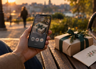 Hand hält iPhone neben verpacktem Geschenk auf einer Parkbank im Abendlicht