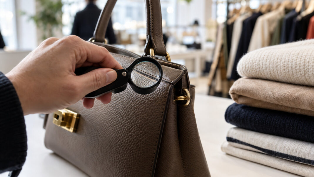 Echtheitspruefung Designerhandtasche Designerhandtasche wird mit einer Lupe auf Echtheit geprueft