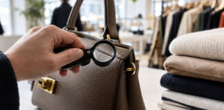 Designerhandtasche wird mit einer Lupe auf Echtheit geprueft