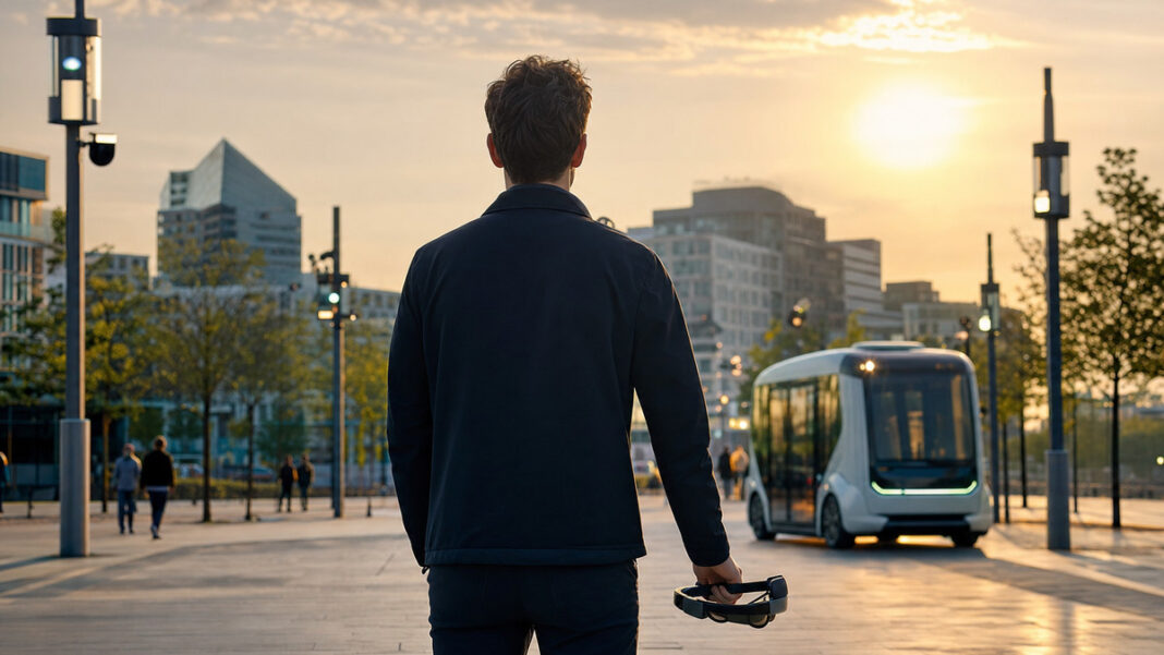 Gründer von hinten vor modernem Stadtplatz mit Sensoren, Lichtmasten und Shuttle im Abendlicht