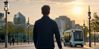 Gründer von hinten vor modernem Stadtplatz mit Sensoren, Lichtmasten und Shuttle im Abendlicht