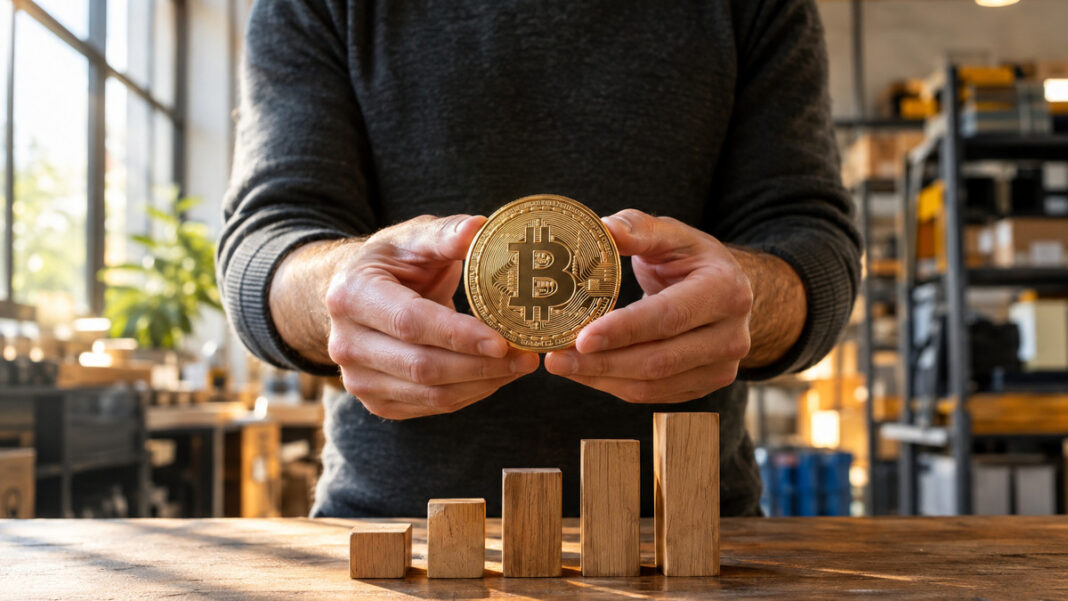 Hände halten einen Metall-Bitcoin vor aufsteigenden Holzklötzen im warmen Seitenlicht.