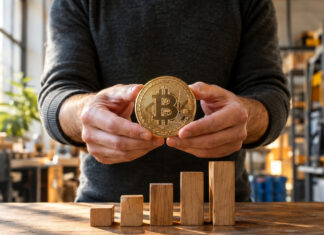 Hände halten einen Metall-Bitcoin vor aufsteigenden Holzklötzen im warmen Seitenlicht.