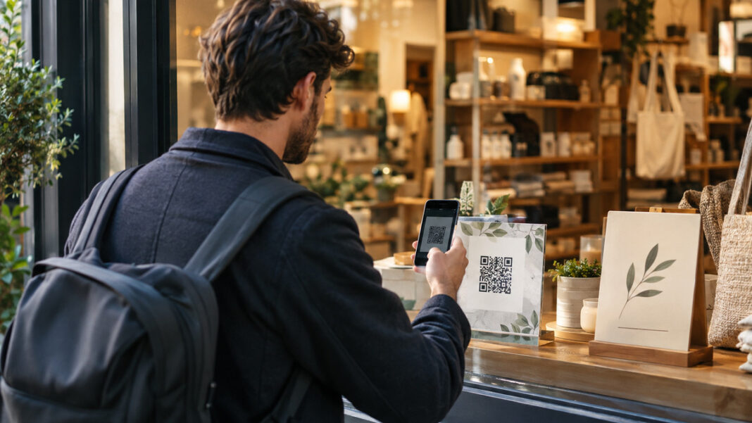 Person scannt am Schaufenster einen Gutschein-QR-Code vor einem Laden
