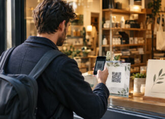 Person scannt am Schaufenster einen Gutschein-QR-Code vor einem Laden