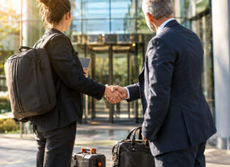 Gründerin und Firmenvertreter geben sich vor einem modernen Gebäude die Hand, Werkzeugkoffer daneben