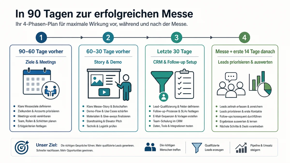 90-Tage-Zeitleiste für Messevorbereitung, CRM-Leadmanagement und Follow-up nach dem Messeauftritt.
