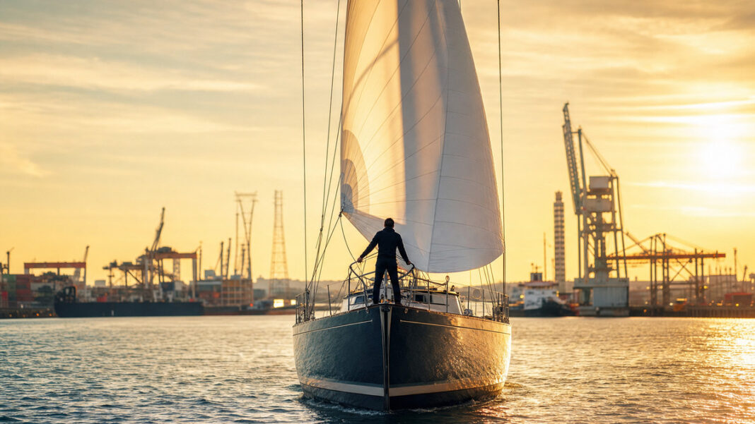 Segelschiff im Hafen mit gehissten Segeln und Person am Bug
