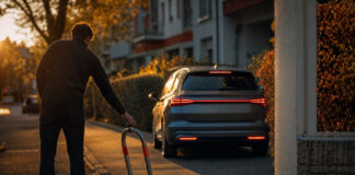 Privater Stellplatz mit Parksperre und Auto beim Einparken im Abendlicht.
