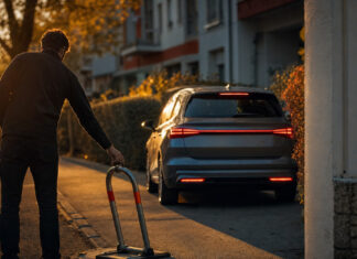 Privater Stellplatz mit Parksperre und Auto beim Einparken im Abendlicht.