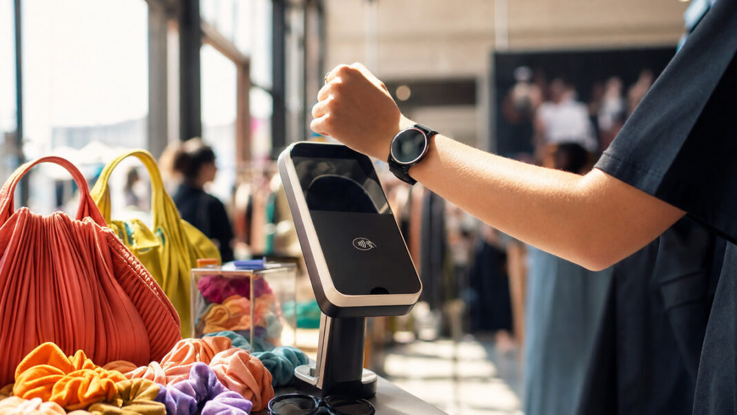 Kontaktloses Zahlungsterminal neben Mode-Accessoires, eine Hand hält eine Armbanduhr im warmen Tageslicht.