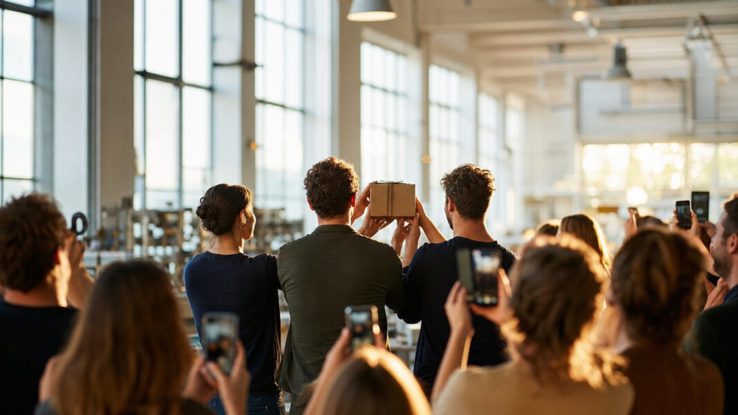 Gründerteam hält ein verpacktes Produkt in einer Manufaktur, Unterstützer filmen mit Smartphones
