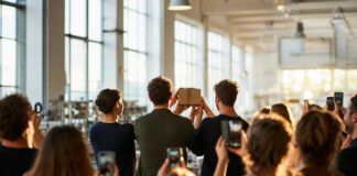 Gründerteam hält ein verpacktes Produkt in einer Manufaktur, Unterstützer filmen mit Smartphones