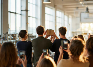 Gründerteam hält ein verpacktes Produkt in einer Manufaktur, Unterstützer filmen mit Smartphones