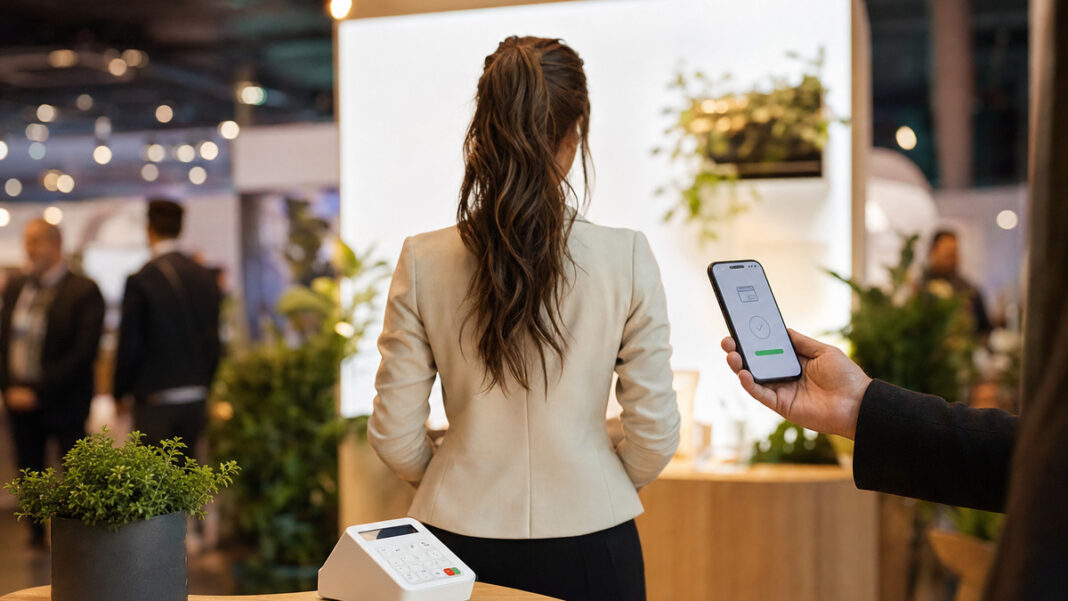 FinTech-Start-up am Messestand Gründerin am FinTech-Stand mit Smartphone und Kartenlesegerät, von hinten gesehen
