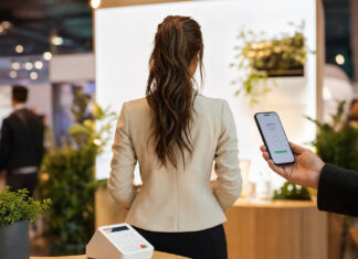 FinTech StartUps aufgepasst! Gründerin am FinTech-Stand mit Smartphone und Kartenlesegerät, von hinten gesehen