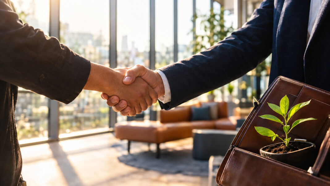 Haende von Startup und Investor beim Handschlag neben einer Ledermappe mit Setzling im Foyer