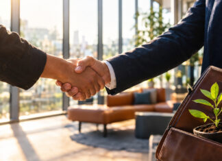 Haende von Startup und Investor beim Handschlag neben einer Ledermappe mit Setzling im Foyer
