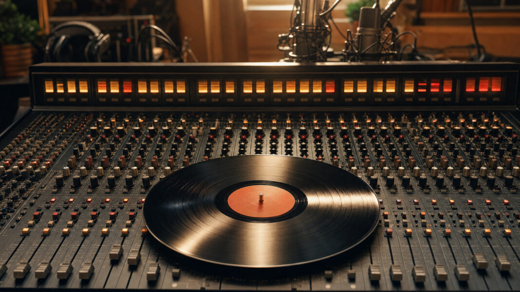 Analoges Mischpult mit Vinyl-Schallplatte im warmen Licht in einem Tonstudio