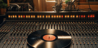 Analoges Mischpult mit Vinyl-Schallplatte im warmen Licht in einem Tonstudio