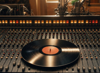 Analoges Mischpult mit Vinyl-Schallplatte im warmen Licht in einem Tonstudio