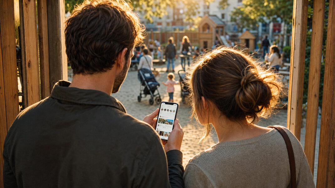 Eltern stehen am Spielplatz und schauen gemeinsam auf ein Smartphone, im Hintergrund weitere Eltern mit Kindern.