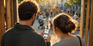 Eltern stehen am Spielplatz und schauen gemeinsam auf ein Smartphone, im Hintergrund weitere Eltern mit Kindern.