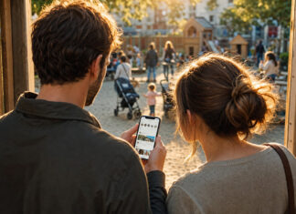 Eltern stehen am Spielplatz und schauen gemeinsam auf ein Smartphone, im Hintergrund weitere Eltern mit Kindern.