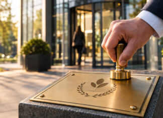 Hand mit Messingstempel vor einem Firmeneingang und einem neuen Schild