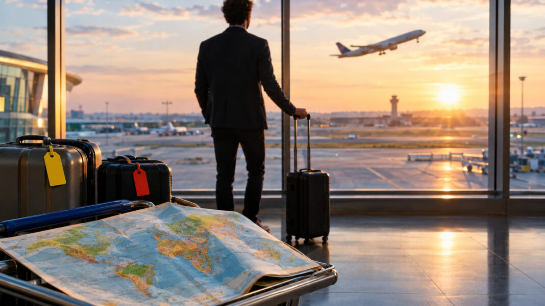 Gründer mit Rollkoffer am Flughafen, ein Flugzeug startet draußen im Morgenlicht.