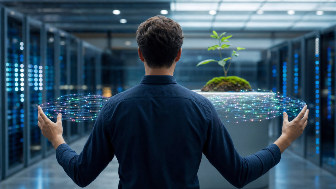 Big Data für Startups Gründer von hinten vor Serverracks, Lichtpunkte fließen zu einem kleinen Keimling