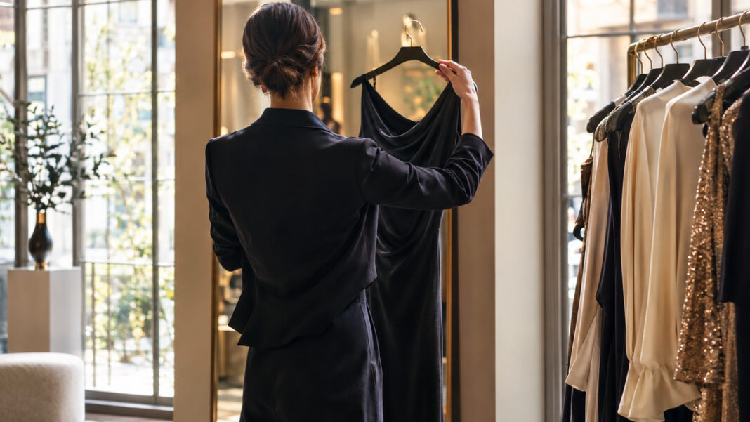 Private Modetreffen in der Boutique Person hält in einer Boutique ein Designer-Kleid vor einen Spiegel, daneben hängt Kleidung an einer Stange.