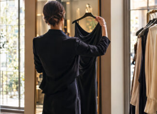 Person hält in einer Boutique ein Designer-Kleid vor einen Spiegel, daneben hängt Kleidung an einer Stange.