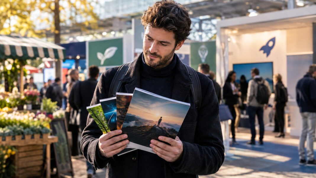 Gründer hält Magazin-Ausgaben vor einem Startup-Messestand im warmen Nachmittagslicht.