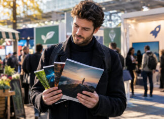 Gründer hält Magazin-Ausgaben vor einem Startup-Messestand im warmen Nachmittagslicht.