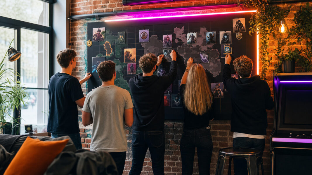 Clan-Community im Gaming-Space Junge Gamer stellen in einem Community-Space eine Clan-Wand mit Karten und Avatar-Kacheln auf.