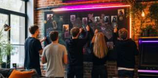 Junge Gamer stellen in einem Community-Space eine Clan-Wand mit Karten und Avatar-Kacheln auf.