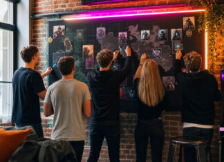 Junge Gamer stellen in einem Community-Space eine Clan-Wand mit Karten und Avatar-Kacheln auf.