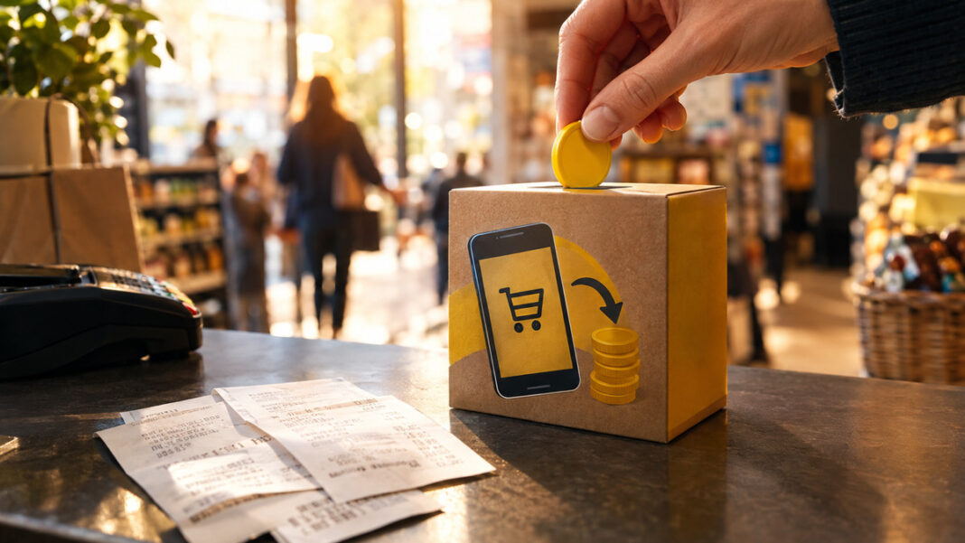 Investition in scondoo im Laden Hand steckt Chip in Karton neben Kassenbons an einer Ladenkasse im Tageslicht