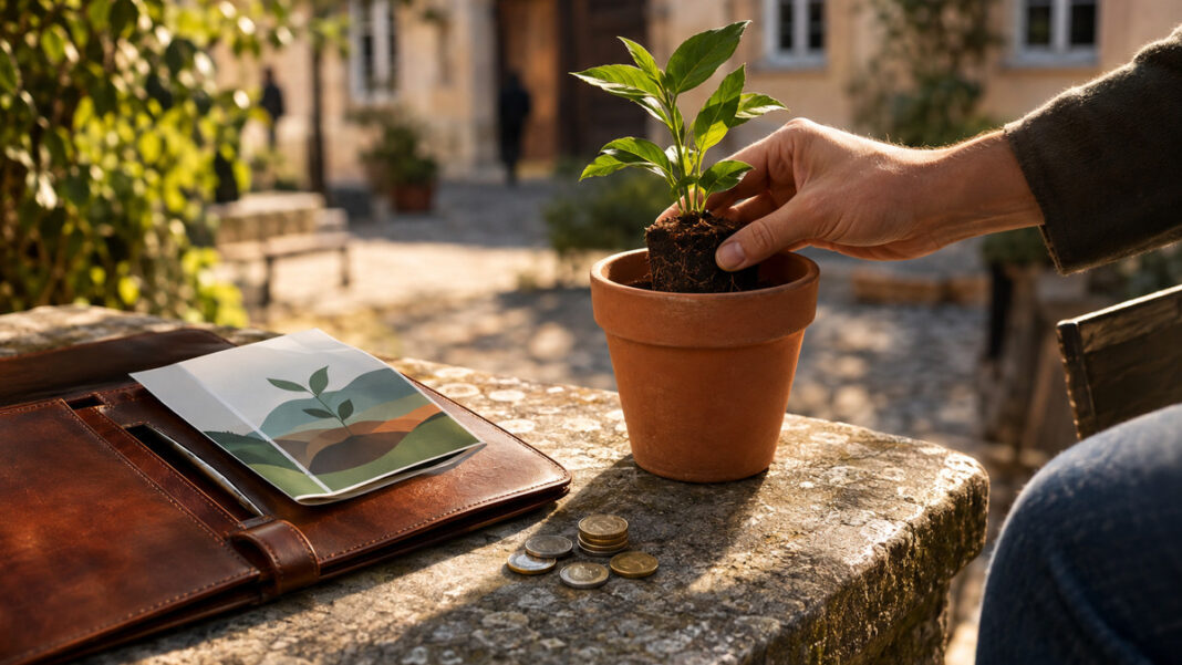 Crowdfunding-Kampagne mit Pflanze und Ledermappe Hand setzt eine Pflanze neben Ledermappe und Muenzen auf einer Steinbank im Morgenlicht