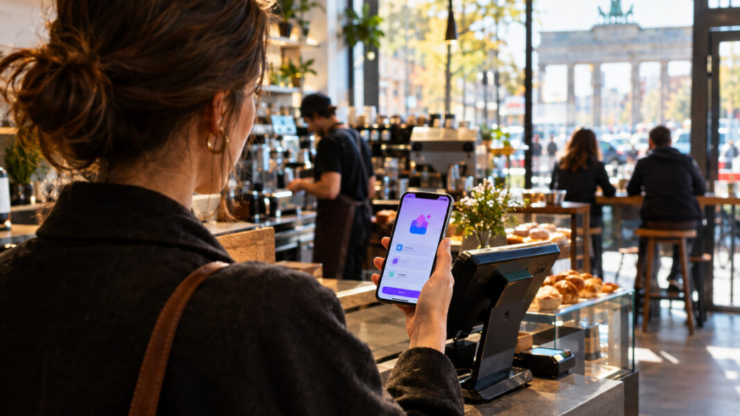 Hand hält Smartphone am Café-Schalter, im Hintergrund Barista und Gäste, warmes Tageslicht