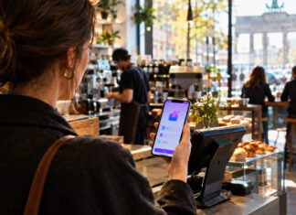 Hand hält Smartphone am Café-Schalter, im Hintergrund Barista und Gäste, warmes Tageslicht