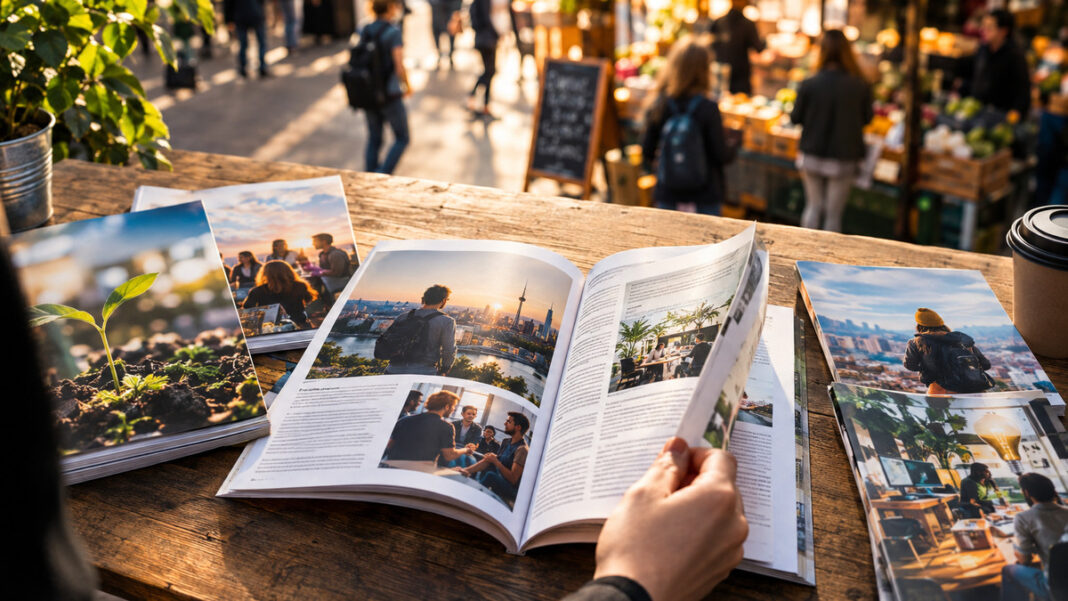 Geoeffnete Magazinseite auf einem Markttisch, daneben weitere Ausgaben; eine Hand blaettert im warmen Licht.