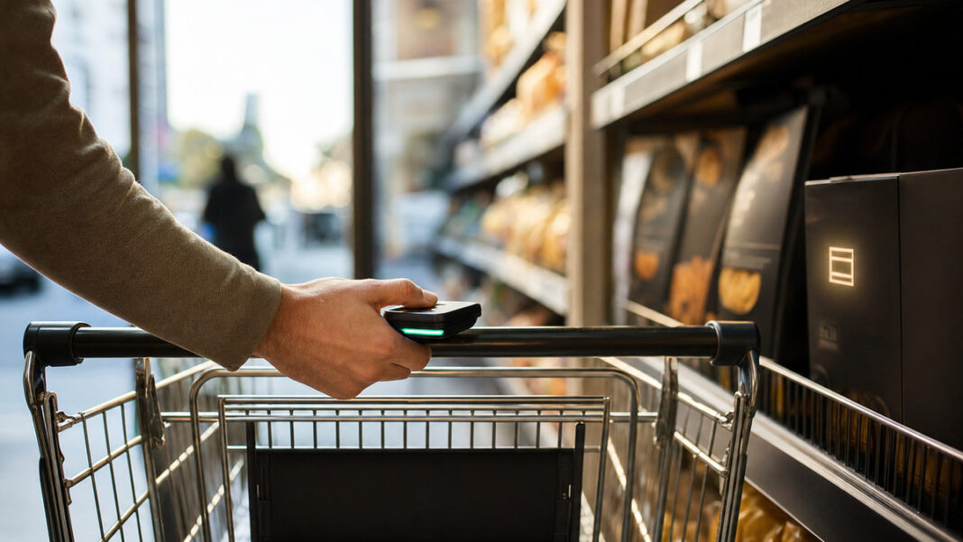 Mobile Payment im Handel Einkaufswagen am Regal, Hand mit Scan-Modul und Produktverpackung im warmen Licht