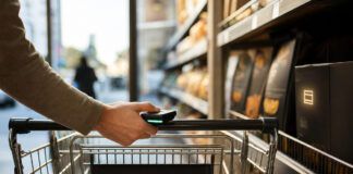 Einkaufswagen am Regal, Hand mit Scan-Modul und Produktverpackung im warmen Licht