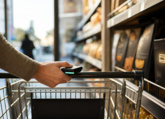 Einkaufswagen am Regal, Hand mit Scan-Modul und Produktverpackung im warmen Licht