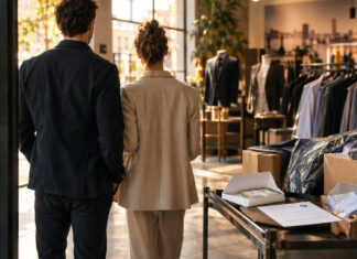 Gründerpaar im Showroom neben Umschlag und Überweisungsbeleg, umgeben von Kleidungsstücken im warmen Licht