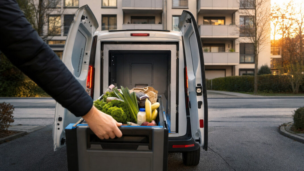 Online-Supermarkt trifft Konkurrenz Lieferwagen vor Wohnhaus, eine Hand hebt eine Einkaufskiste aus dem Kofferraum